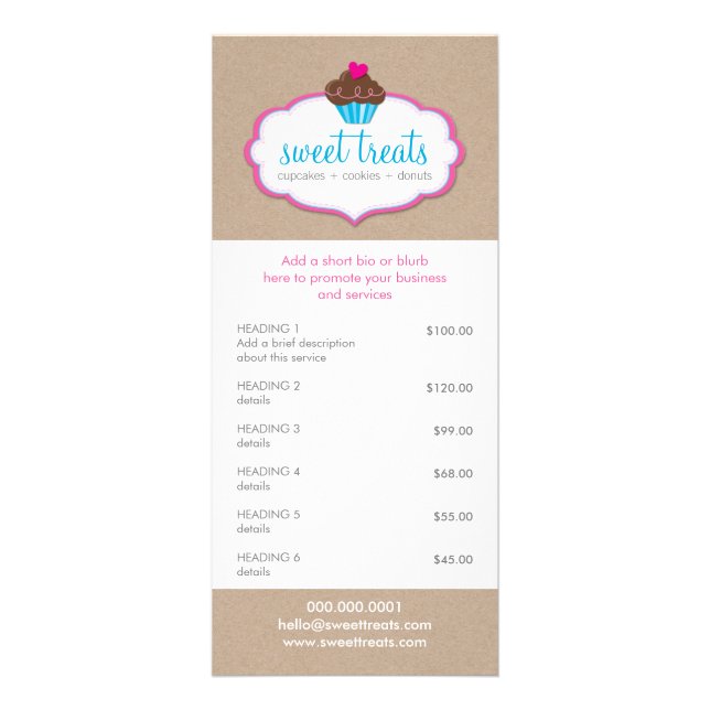 PROMO PRICE SERVICES LIST cupcake bakery kraft Rack Card (Front)