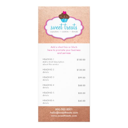 PROMO PRICE SERVICES LIST cupcake bakery rose gold Rack Card