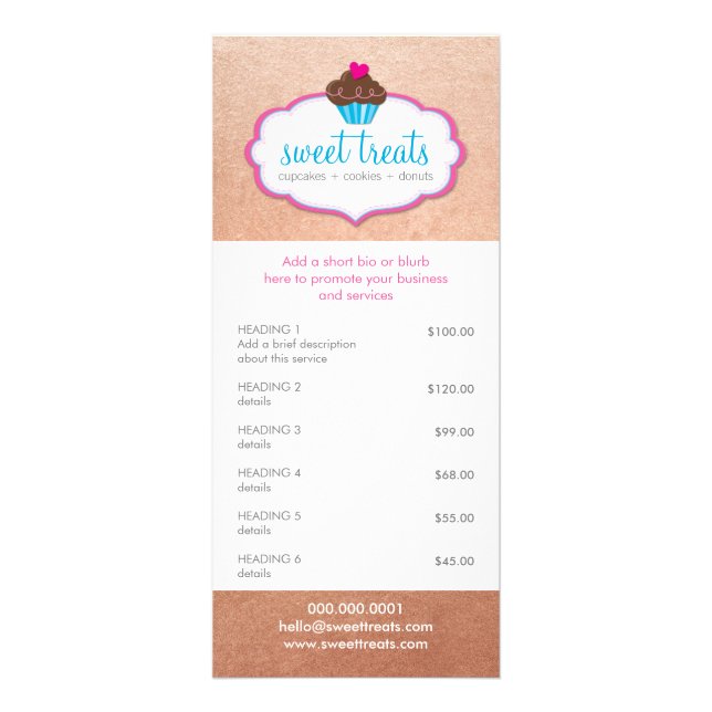 PROMO PRICE SERVICES LIST cupcake bakery rose gold Rack Card (Front)