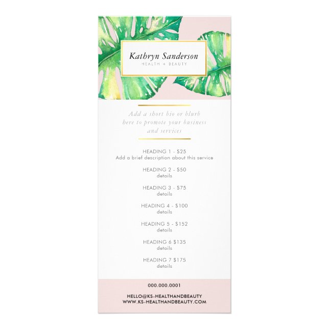PROMO PRICE SERVICES LIST eco monstera leaf Rack Card (Front)