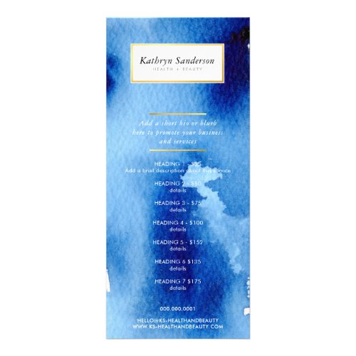 PROMO PRICE SERVICES LIST modern blue watercolor Rack Card
