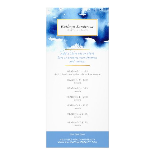 PROMO PRICE SERVICES LIST modern blue watercolor Rack Card