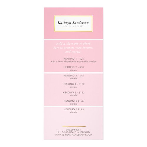 PROMO PRICE SERVICES LIST modern pink paint chip Rack Card