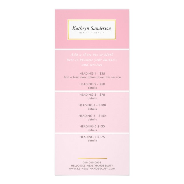PROMO PRICE SERVICES LIST modern pink paint chip Rack Card (Front)