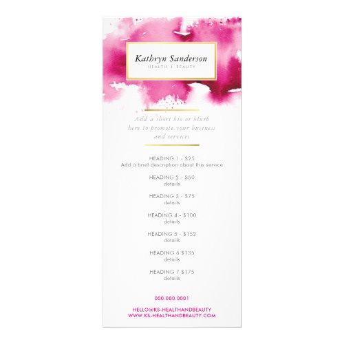 PROMO PRICE SERVICES LIST modern pink watercolor Rack Card