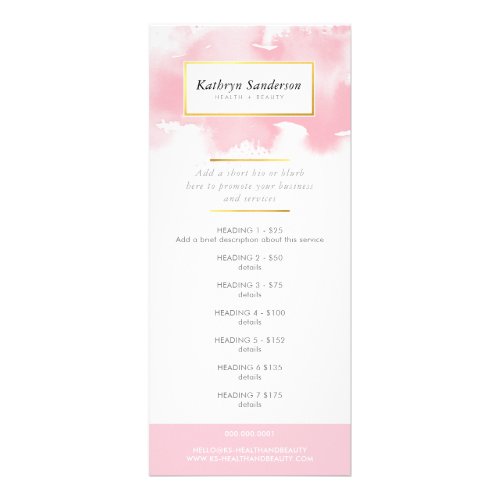 PROMO PRICE SERVICES LIST modern pink watercolor Rack Card