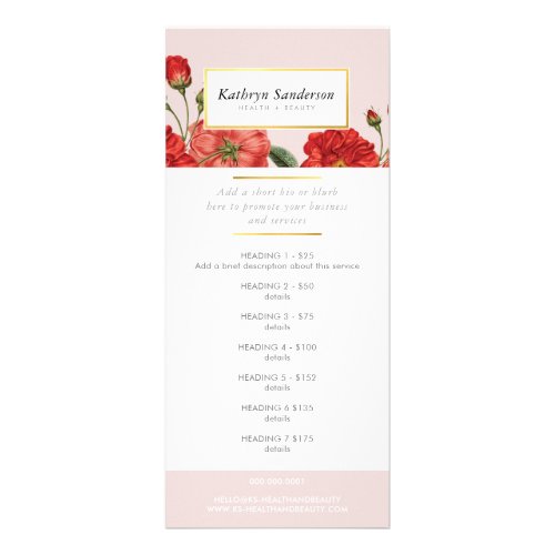 PROMO PRICE SERVICES LIST red roses flower floral Rack Card