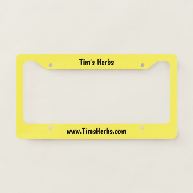 Promote your business, yellow, black letters license plate frame (Front)
