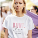 Promoted to Aunt EST 2025 | Personalized Cute New  T-Shirt<br><div class="desc">Celebrate her new role in style with this adorable “Promoted to Aunt EST 2025” custom t-shirt! Featuring soft blush pink retro lettering and her name in a handwritten script, this tee makes the perfect gift for first-time aunts, baby announcements, gender reveals, or just to show some auntie pride. Lightweight and...</div>