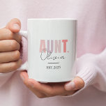 Promoted to Aunt EST 2025 | Personalized New Aunt Two-Tone Coffee Mug<br><div class="desc">Surprise the newly promoted aunt with this sweet and stylish Promoted to Aunt EST 2025 personalized coffee mug! Featuring a soft pink color scheme, elegant handwritten name option, and a charming heart detail, this two-tone mug is the perfect keepsake gift to mark the start of her new journey. Customize the...</div>