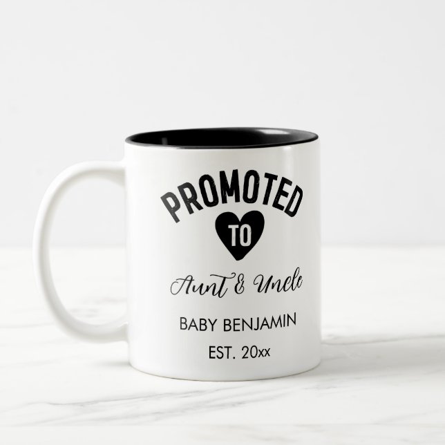 Promoted to Aunt & Uncle Personalized Baby Name Two-Tone Coffee Mug (Left)