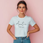 Promoted to Auntie | First-Time Aunt EST 2025 T-Shirt<br><div class="desc">Celebrate a sweet new title with this minimal "Promoted to Auntie EST 2025" t-shirt — perfect for first-time aunts or an aunt-to-be announcement! This clean and modern script design makes a thoughtful baby shower gift, pregnancy reveal surprise, or just a comfy way to share the exciting news. Customize with your...</div>