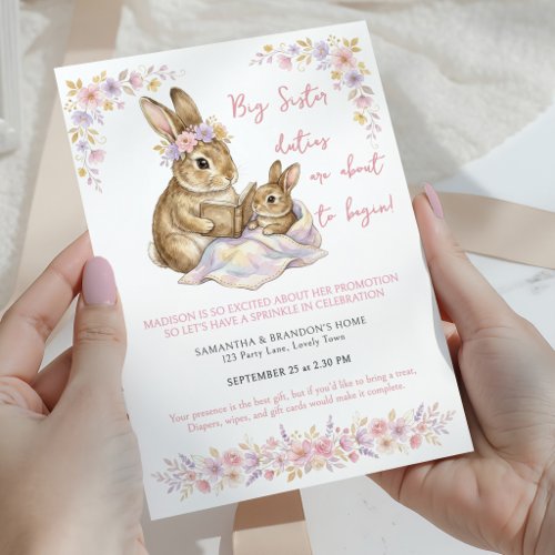 Promoted to Big Sister Bunny Floral Baby Sprinkle Invitation