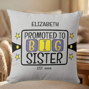 Promoted to big sister name est year purple yellow throw pillow