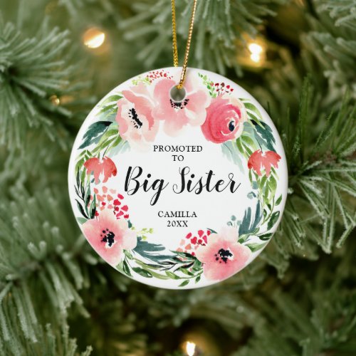 Promoted To Big Sister Personalized Floral Wreath Ceramic Ornament