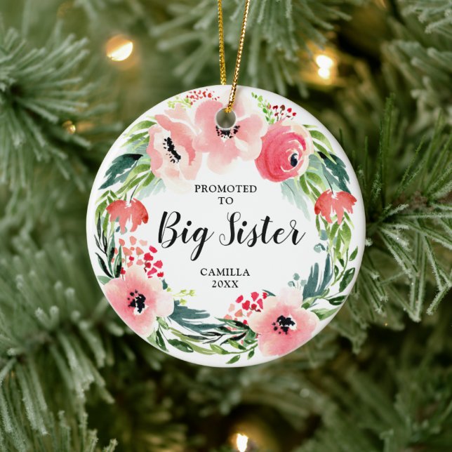 Promoted To Big Sister Personalized Floral Wreath Ceramic Ornament (Tree)