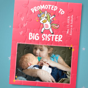 Promoted to Big Sister Unicorn Photo and Text Pink Jigsaw Puzzle