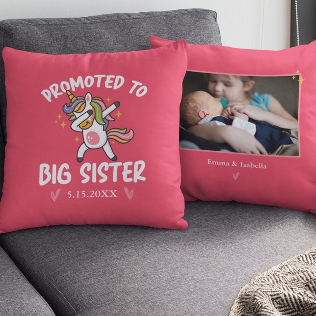 Promoted to Big Sister Unicorn Photo and Text Pink Throw Pillow (Creator Uploaded)
