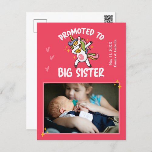 Promoted to Big Sister Unicorn Photo Announcement Postcard