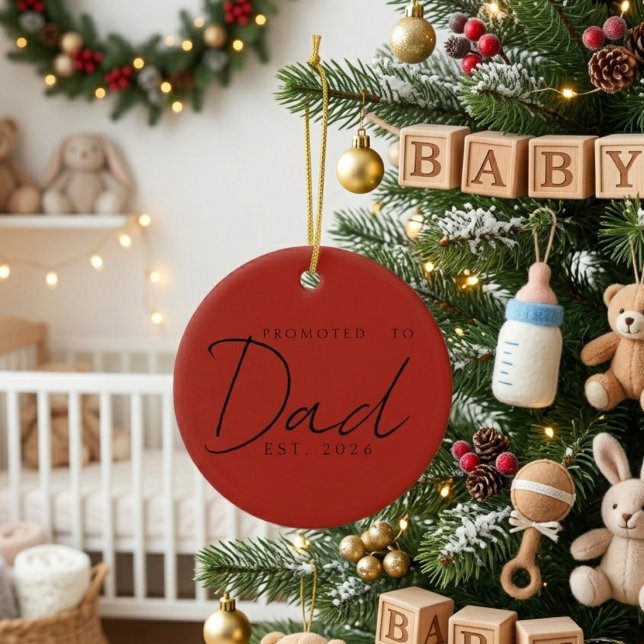 Promoted To Dad Holiday Keepsake Script Design Ceramic Ornament (Creator Uploaded)