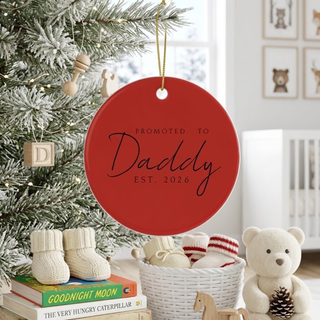 Promoted To Daddy Holiday Keepsake Script Design Ceramic Ornament (Creator Uploaded)