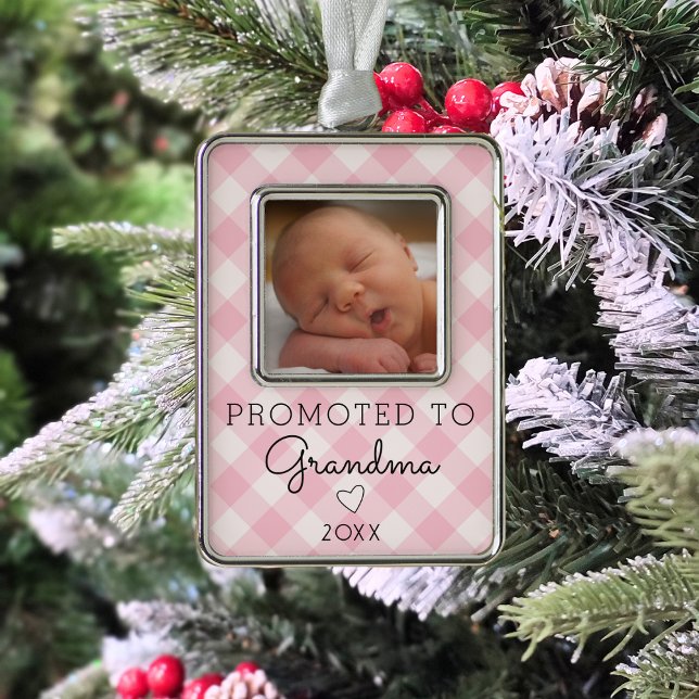 Promoted to Grandma Baby Photo Pink Gingham Retro Christmas Ornament (Creator Uploaded)