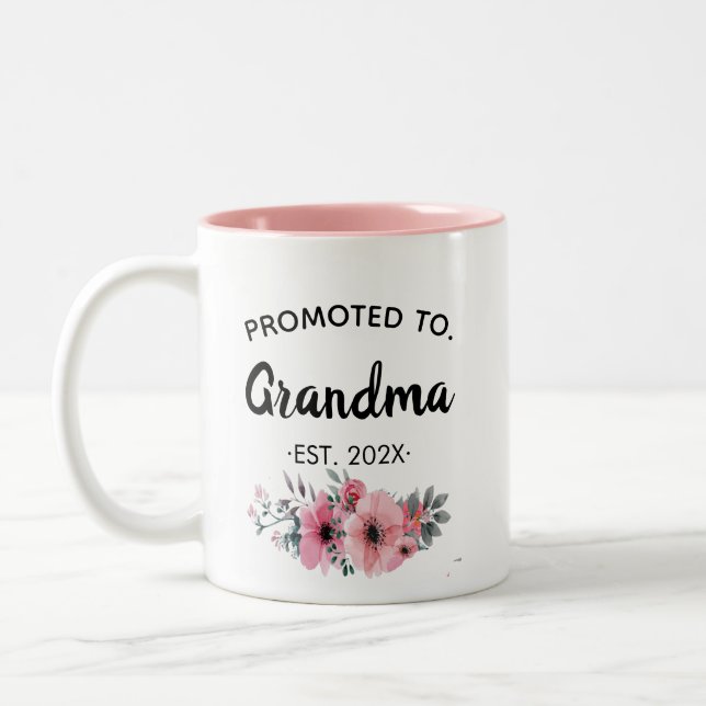 Promoted to Grandma Floral Pink, 2025 custom chic  Two-Tone Coffee Mug (Left)
