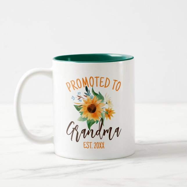 Promoted to Grandma Floral Sunflower Personalized Two-Tone Coffee Mug (Left)
