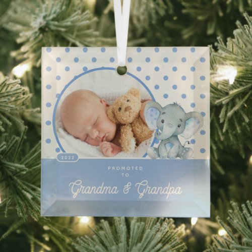 Promoted to Grandma Grandpa Baby Boy Photo Glass Ornament