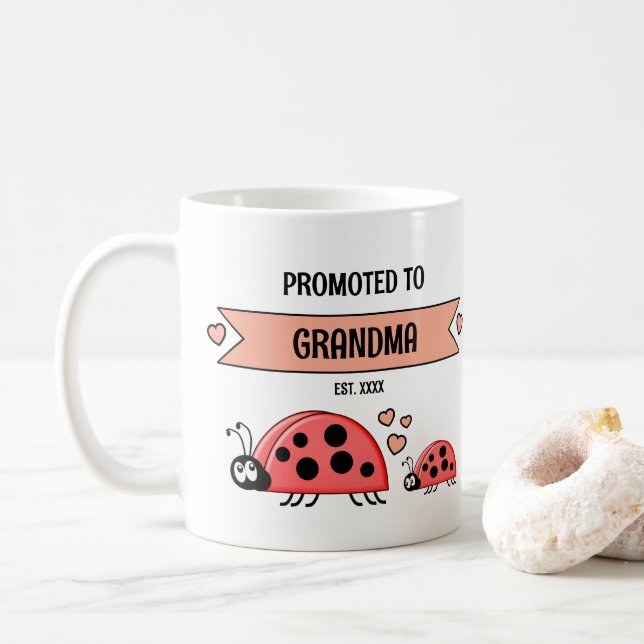 Promoted to grandma ladybugs peach coffee mug (With Donut)