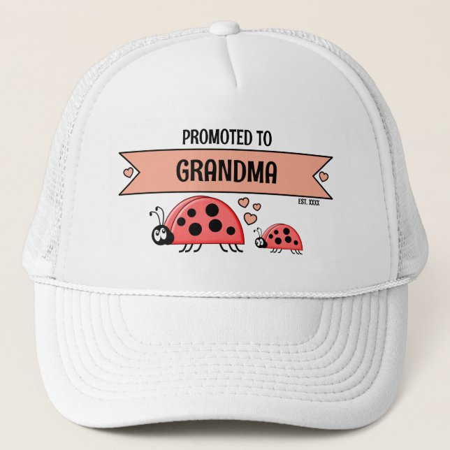 Promoted to Grandma ladybugs white peach Trucker Hat (Front)