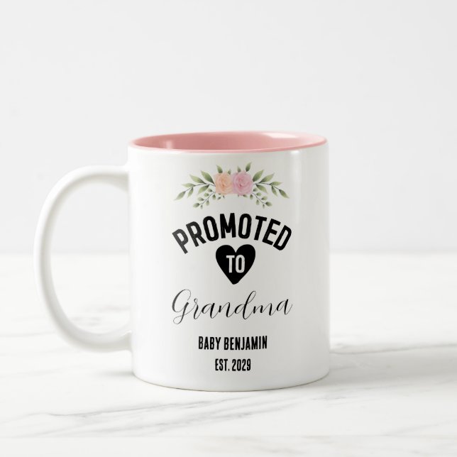 Promoted to Grandma Personalized Baby Name Two-Tone Coffee Mug (Left)
