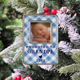 Promoted to Grandpa Baby Photo Blue Gingham Retro Christmas Ornament