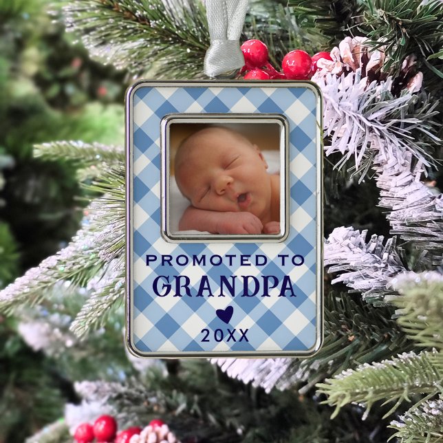 Promoted to Grandpa Baby Photo Blue Gingham Retro Christmas Ornament (Creator Uploaded)
