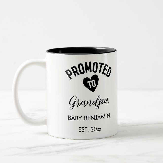Promoted to Grandpa Personalized Baby Name Two-Tone Coffee Mug (Left)