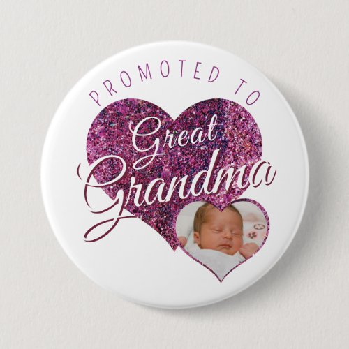 Promoted to Great Grandma faux sparkle pink photo Button