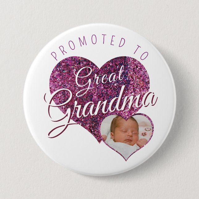 Promoted to Great Grandma faux sparkle pink photo Button (Front)