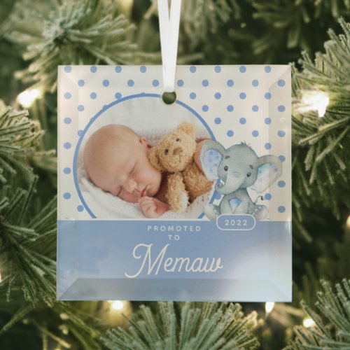 Promoted to Memaw Baby Boy Photo Glass Ornament