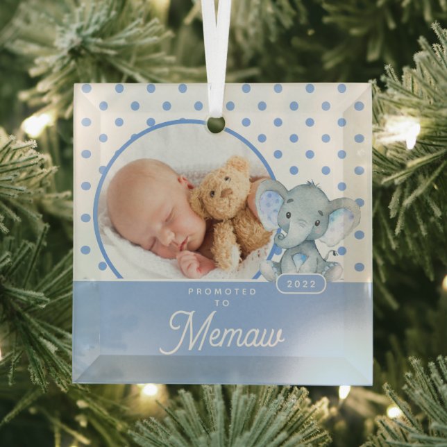 Promoted to Memaw Baby Boy Photo Glass Ornament (Insitu)