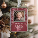 Promoted to Mimi | Baby Photo Grandma Christmas Ornament<br><div class="desc">Celebrate his first Christmas as a grandmother with this sweet photo ornament featuring a baby photo framed by falling white snowflakes on a red background. "Promoted to Mimi" appears beneath in white rustic lettering,  along with the year.</div>