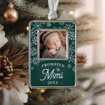 Promoted to Mimi | Baby Photo Grandma Christmas Ornament<br><div class="desc">Celebrate his first Christmas as a grandmother with this sweet photo ornament featuring a baby photo framed by falling white snowflakes on a forest green background. "Promoted to Mimi" appears beneath in white rustic lettering,  along with the year.</div>
