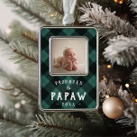 Promoted to Papaw | Baby Photo Grandpa Christmas Ornament<br><div class="desc">Celebrate his first Christmas as a grandfather with this sweet photo ornament featuring a baby photo framed by classic green and black buffalo plaid. "Promoted to Papaw" appears beneath in white rustic lettering,  along with the year.</div>