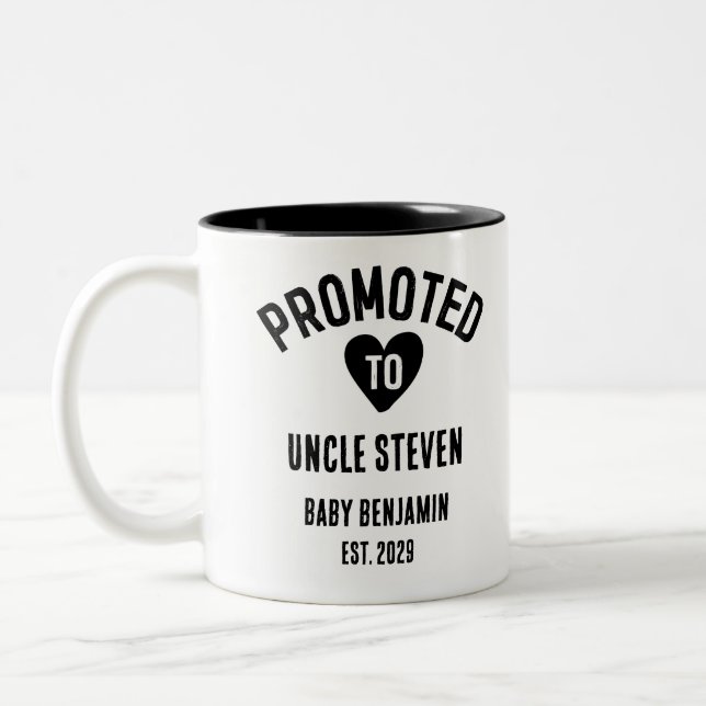 Promoted to Uncle Personalized Baby Name Two-Tone Coffee Mug (Left)