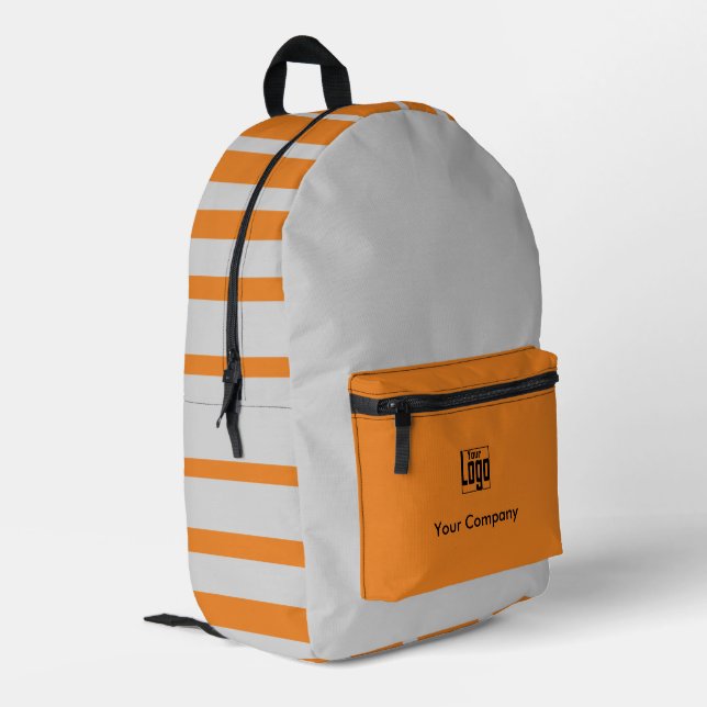 Promotion Company Logo Name Striped Gray Orange Printed Backpack (Back Corner Left)