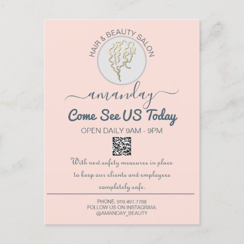 Promotional Be Safe Logo Hairdresser QR Code Rose Announcement Postcard