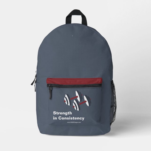 Promotional Gym Motto Strength in Consistency Grey Printed Backpack (Front)