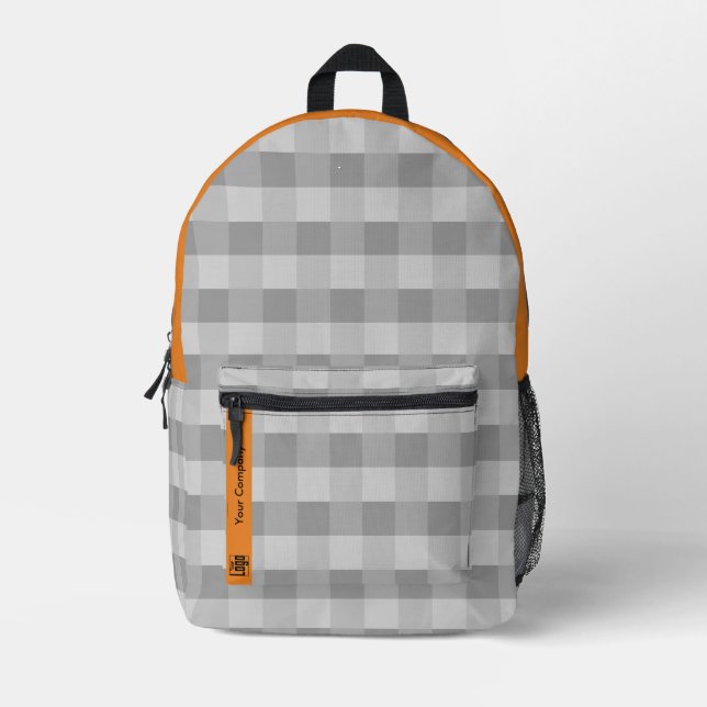 Promotional Pixel Pattern Gray Orange Accents Printed Backpack (Front)