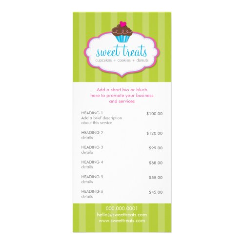 PROMOTIONAL PRICE SERVICES LIST cupcake bakery Rack Card