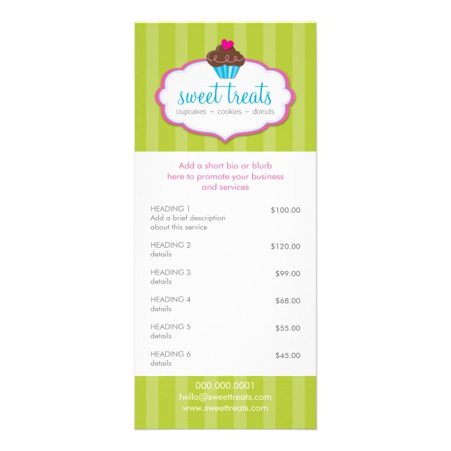 PROMOTIONAL PRICE SERVICES LIST cupcake bakery Rack Card (Front)