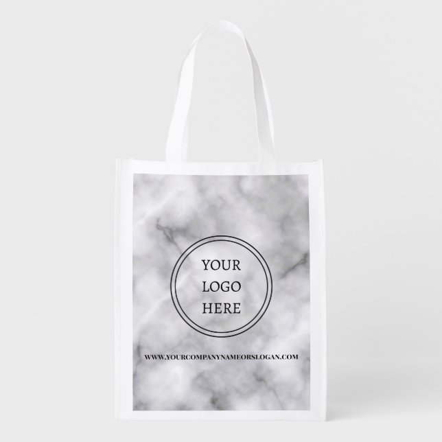 Promotional Your Logo Here Black and White Marble Grocery Bag (Front)